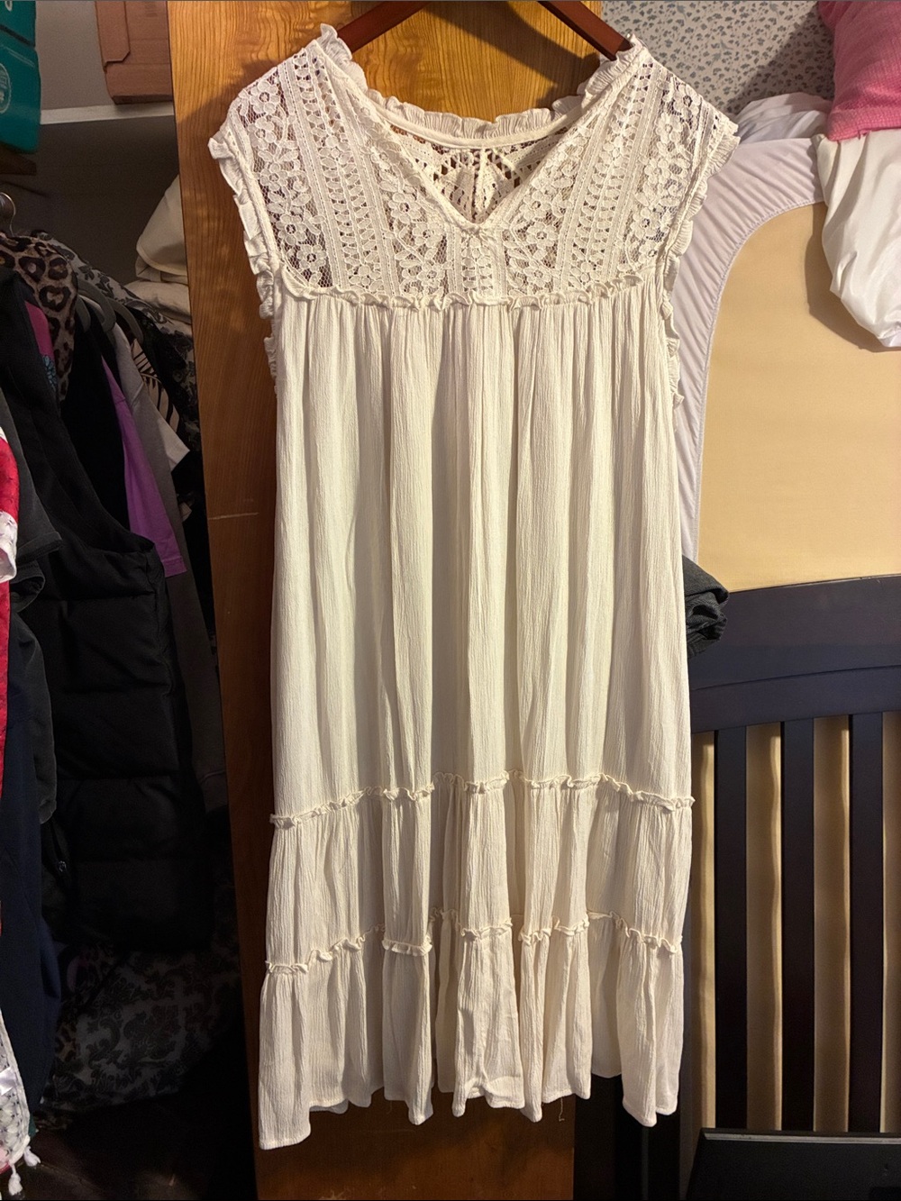 Boho Lace Yoke Cream Sleeveless Midi Dress